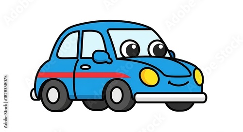 Cute Blue Cartoon Car with Big Eyes and Red Stripe.