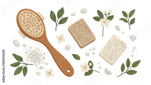 Serene spa essentials natural body brush, artisanal soaps, and fragrant botanical elements for relaxation and well-being