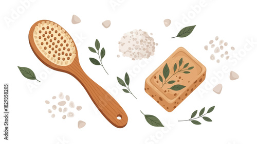 Natural body brush and soap with herbal essence, promoting skincare and self-care rituals for a serene experience