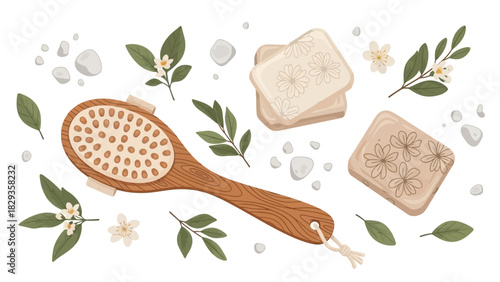 Exfoliating dry brush, natural soap, and delicate flowers for a holistic spa experience