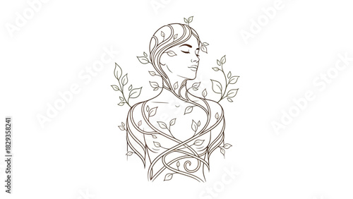 Elegant line art illustration of a serene woman, peacefully intertwined with lush botanical vines and leaves, symbolizing natural growth, harmony, and a deep, organic connection to the earth