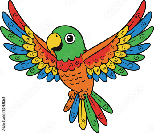 Cute vector cartoon illustration of a colorful parrot flying with spread wings and decorative swirl patterns