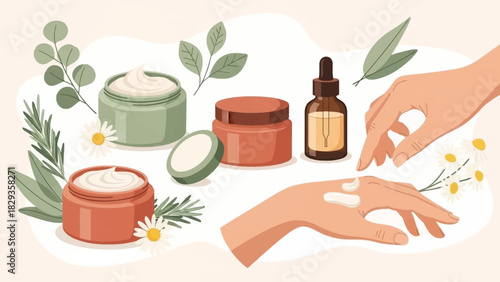 Illustrated concept of a self-care beauty routine with natural organic skincare products. Woman's hands applying moisturizing cream from a jar, surrounded by herbal ingredients