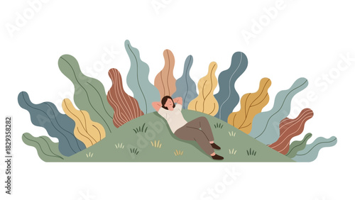 Relaxation on Hill Person Enjoying Nature with Colorful Plants