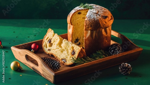 Delicious Panettone Cake with Slice on Wooden Tray.