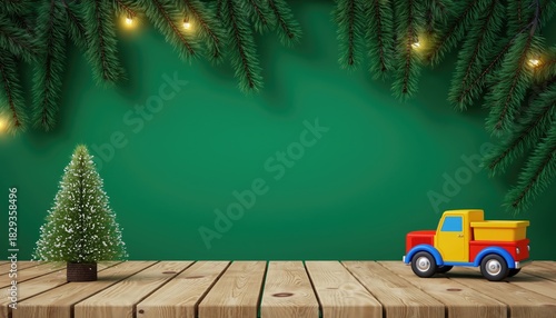 Christmas Scene with Toy Truck and Christmas Tree.
