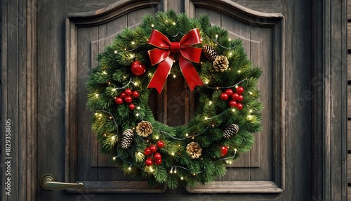 Festive Christmas Wreath Adorning a Wooden Door with Red Bow and Berries.