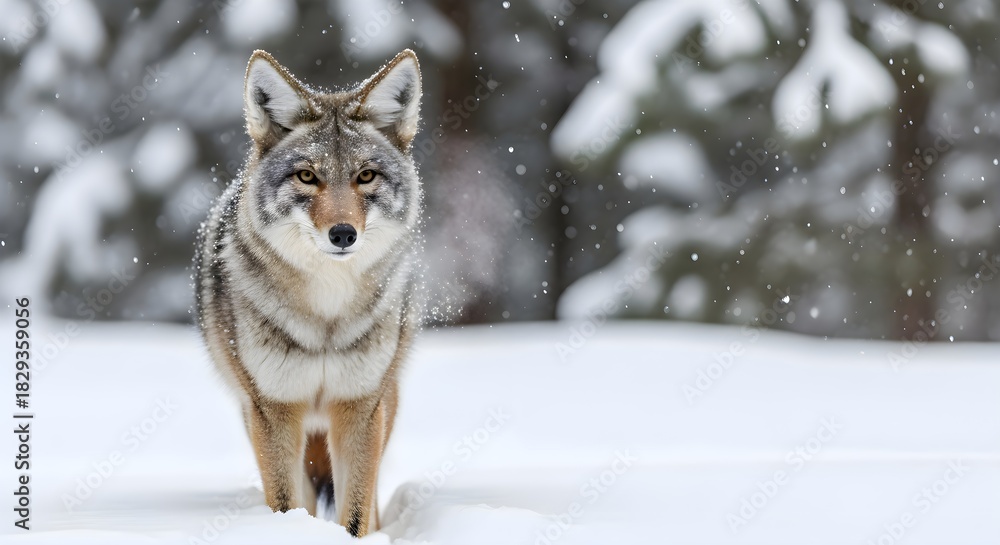 Obraz premium A lone coyote pads quietly through fresh snow as soft flakes drift down around dark evergreens, its thick winter coat and focused gaze expressing resilience, stealth, and the harsh grace of northern w