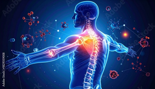 Digital illustration of human figure with glowing skeletal and muscular systems, red shoulder inflammation, and molecular structures.