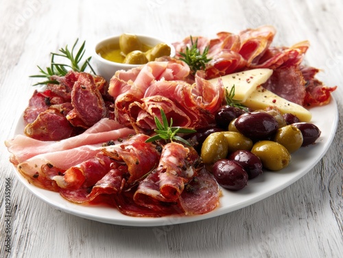 Gourmet Charcuterie Board With Cured Meats Cheeses Olives And Rosemary Sprigs On White Plate