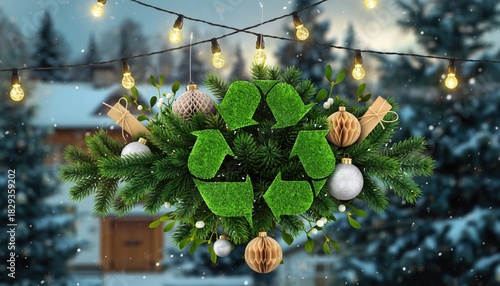 Eco-Friendly Christmas Decoration with Recycling Symbol and Festive Lights.