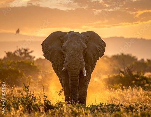An African elephant strides towards the viewer amidst golden light and a hazy sunset