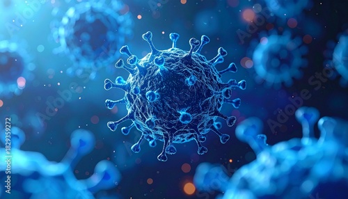 Magnified digital rendering of virus particles with glowing red-orange cores and spike-like protrusions on dark background.