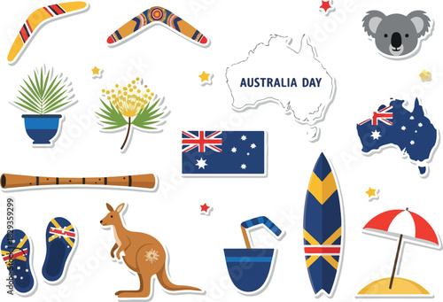 Celebrate Australia Day with Icons Koala, Kangaroo, Surfboard, and National Flag