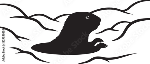 Silhouette of a mole emerging from a hole surrounded by branches