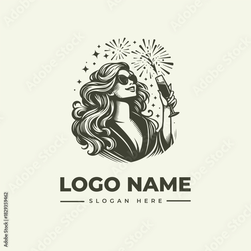 A stylish woman celebrating with champagne, a vintage vector logo illustration created in a detailed engraving style
