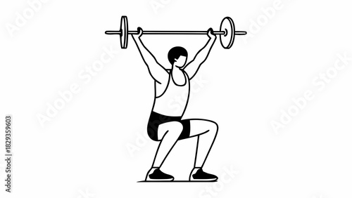 Athlete powerfully lifting heavy barbell overhead in athletic squat position during intense workout.
