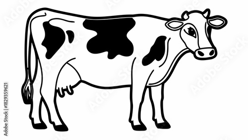 Black and white illustration of a dairy cow standing peacefully