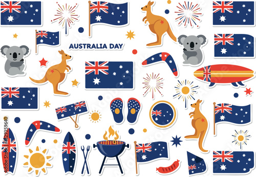 Australia Day icons kangaroos, flags, bbq and summer themed elements