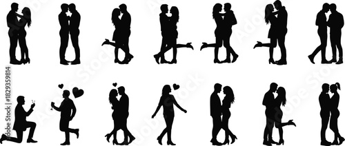 Romantic couple silhouette, love poses, kissing, hugging, proposal, heart symbols, relationship concept, black illustration, affection gesture, flat vector