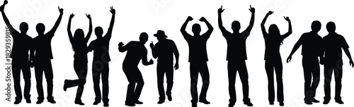 Dancing silhouette group, celebration pose, energetic movement, party vibe, expressive gesture, black illustration, social interaction, music scene, flat vector