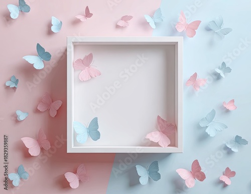 Wallpaper Mural A white square frame filled with pink and blue paper butterflies Torontodigital.ca