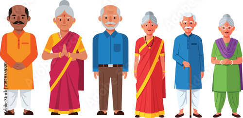 Elderly Indian Men and Women in Traditional Attire Standing Together.