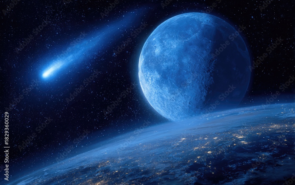 Obraz premium A vibrant blue planet looms over Earth as a comet streaks across the starry expanse