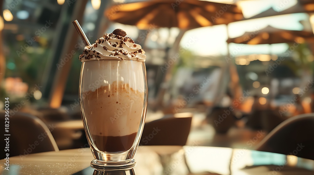 Fototapeta premium A hazelnut milkshake under a stylish metallic umbrella at futuristic outdoor caf?(C)