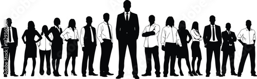 Corporate team silhouette, business hierarchy, leadership figure, professional attire, teamwork concept, group formation, black illustration, office unity, flat vector