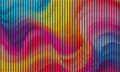 Vibrant abstract background composed of a colorful halftone dot pattern creating a psychedelic and digital mosaic effect with bright rainbow hues