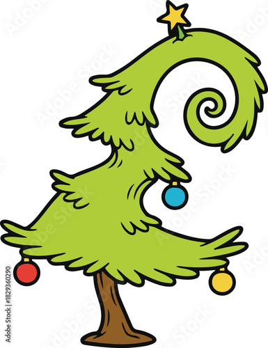 Whimsical vector cartoon illustration of a bent green Christmas tree with a curled top, decorated with colorful ornaments and a yellow star.