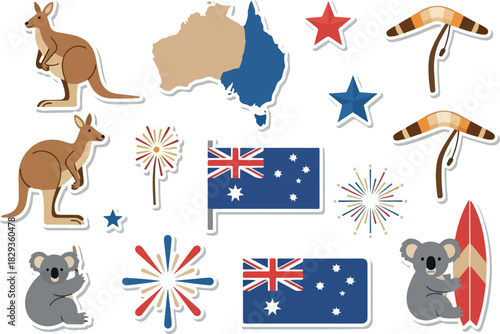Australia Culture and Nature Stickers Kangaroo, Koala, Flag, Map, Boomerang