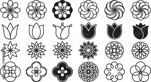 Geometric Flower Icon Set, Floral Mandala Line Art Minimal Bloom Symbol Collection