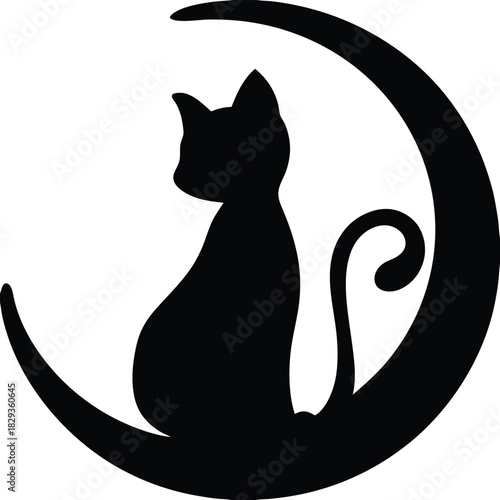 Silhouette of a cat sitting on a crescent moon, creating a magical and whimsical scene, perfect for halloween