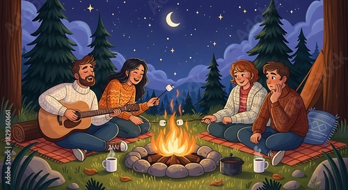 Friends Enjoying a Campfire Under the Moonlight in a Forest.