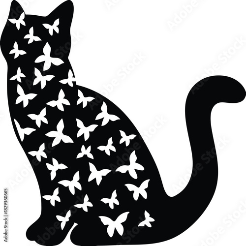 Elegant black cat silhouette filled with delicate white butterflies, creating a whimsical and artistic design