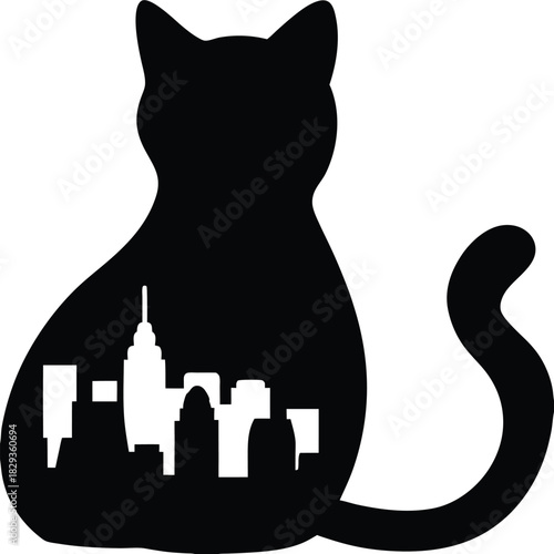 Silhouette of a black cat with a cityscape inside, creating a unique and artistic design