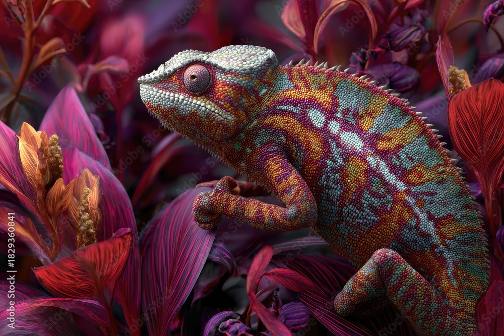 custom made wallpaper toronto digitalA vibrant chameleon rests on lush red foliage, blending in. Colorful, artistic nature scene