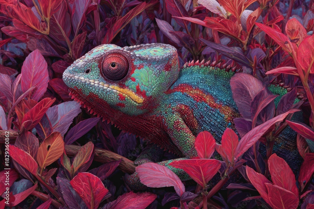 custom made wallpaper toronto digitalA vibrantly colored chameleon blends into lush red and purple foliage, in a richly detailed artwork