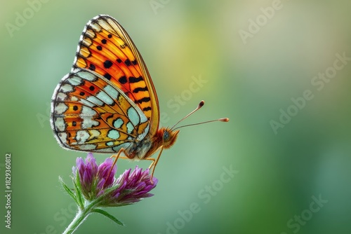 Wallpaper Mural Vibrant butterfly with intricate wing patterns perches upon a small, purple wildflower Torontodigital.ca