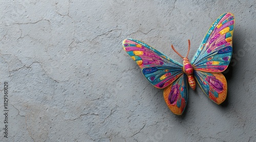 Wallpaper Mural Vivid, abstract butterfly against textured gray backdrop. Colorful wings with intricate patterns Torontodigital.ca