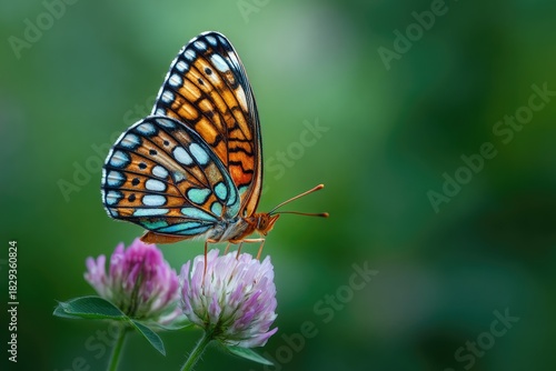 Wallpaper Mural A vibrant butterfly perches delicately on a pink flower, wings displayed against a blurred green backdrop Torontodigital.ca