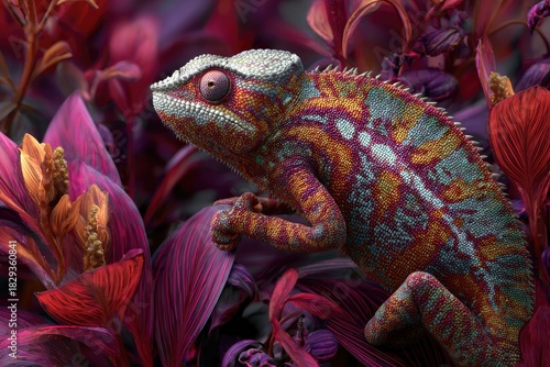 Wallpaper Mural A vibrant chameleon rests on lush red foliage, blending in. Colorful, artistic nature scene Torontodigital.ca