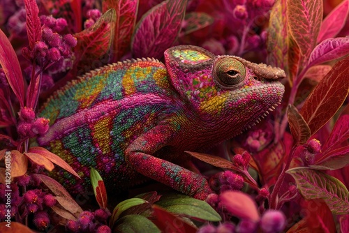 Wallpaper Mural A vividly colored chameleon rests amidst vibrant pink and red foliage, showcasing its camouflage Torontodigital.ca