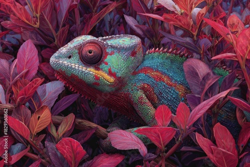 Wallpaper Mural A vibrantly colored chameleon blends into lush red and purple foliage, in a richly detailed artwork Torontodigital.ca