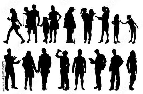 group of people silhouette set multiethnic