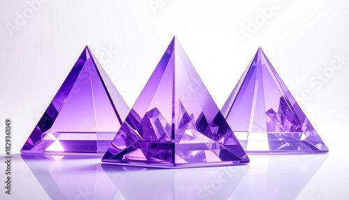 Translucent purple glass pyramids on reflective surface, polished finish, geometric decor product showcase