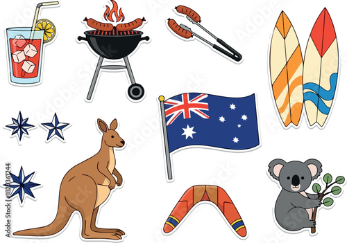 Iconic Australian Symbols Collage Kangaroo, Flag, Surfboards & More