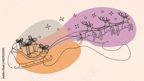 Charming vector illustration of Santa Claus in a golden sleigh pulled by reindeer flying across a moonlit starry sky over a snowy pine forest with gifts — festive Christmas landscape background banner